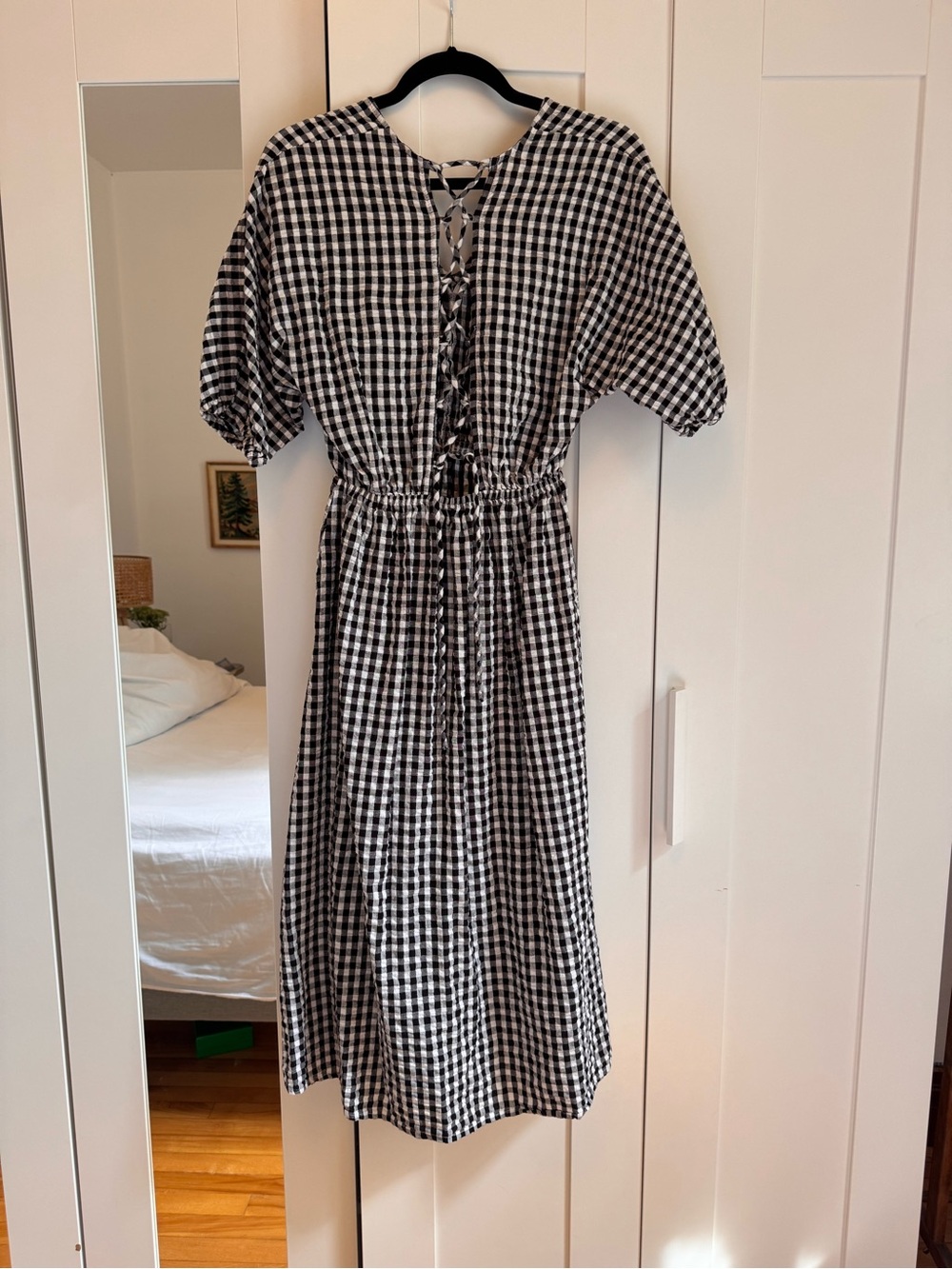 MANGO Black and White Gingham Midi Dress with Crisscross Neck - Picture 2 of 4